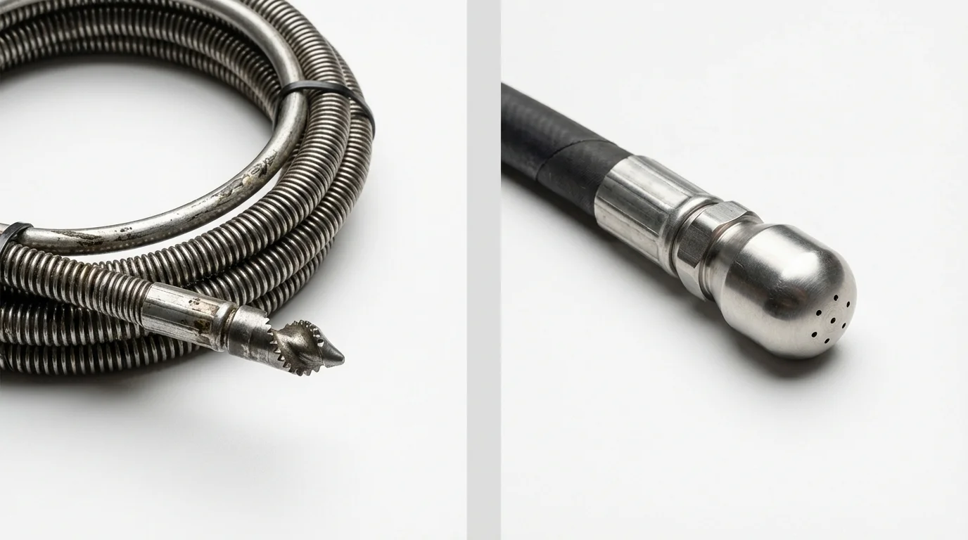 Drain snake cable and hydro jetting nozzle used for drain cleaning in Greenfield, CA