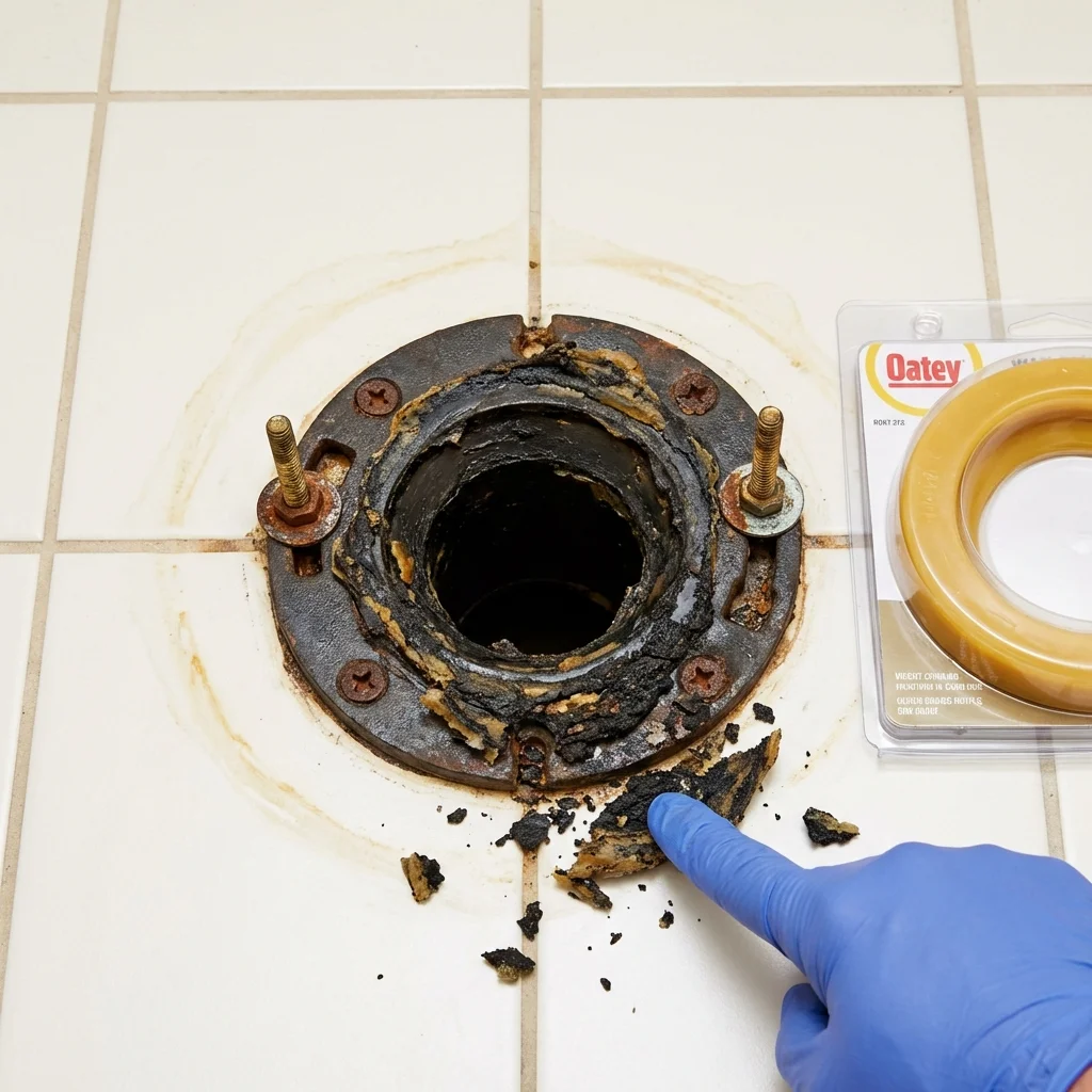 Failed wax ring showing water seepage at the base of a toilet in a Greenfield, CA home