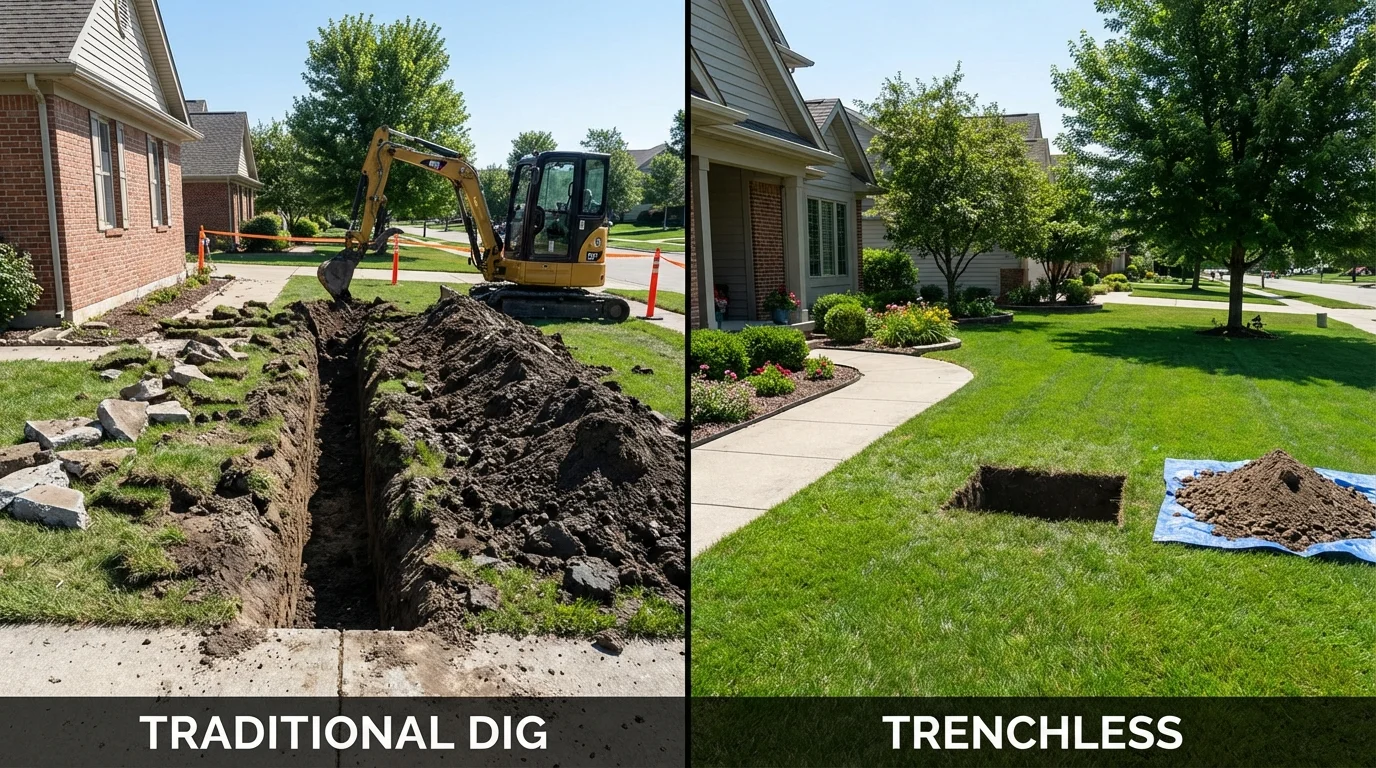 Trenchless sewer repair with minimal yard damage versus traditional excavation in Greenfield, CA