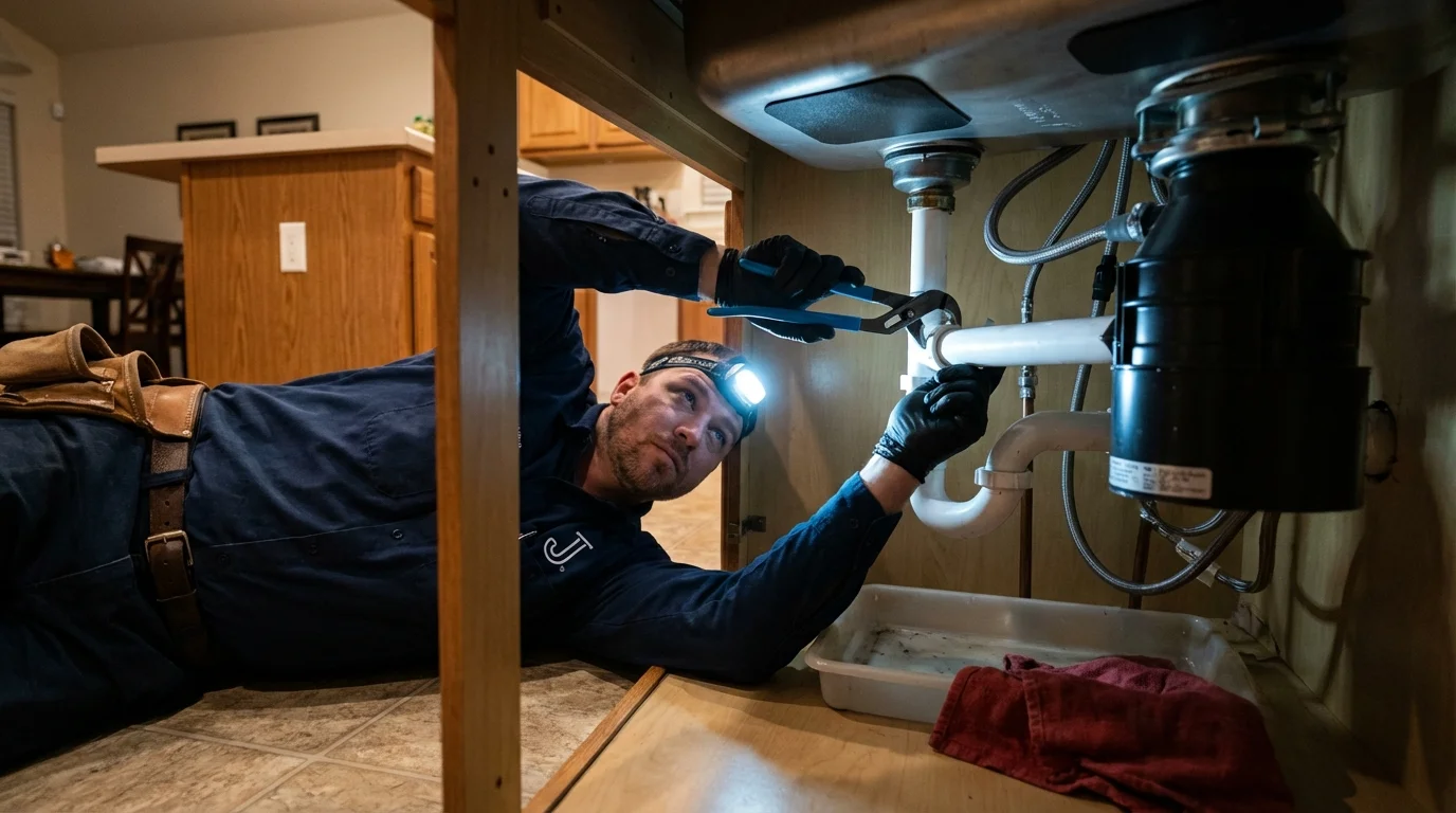 P-trap and supply line connections under a kitchen sink showing a common leak point in Greenfield, CA